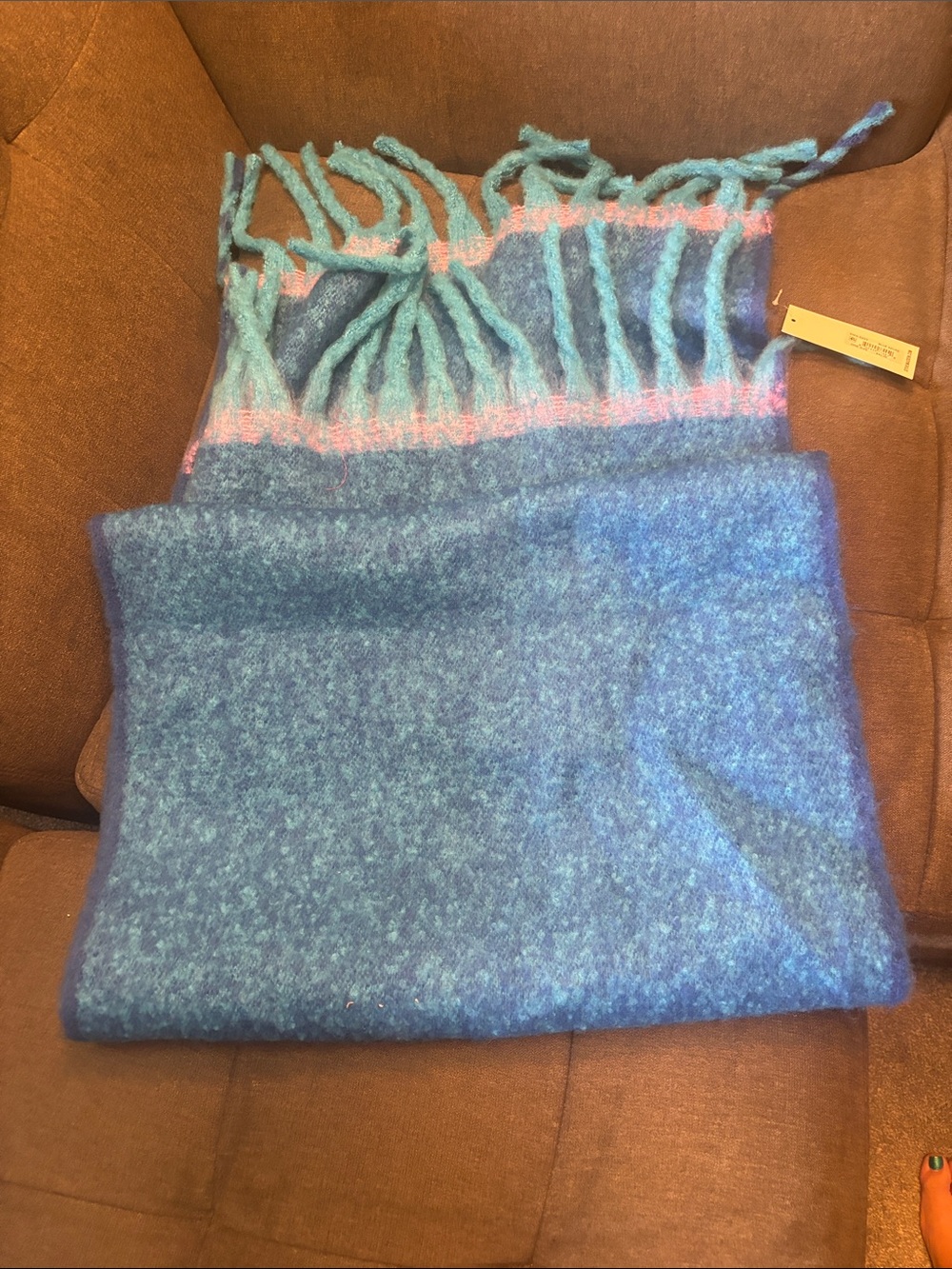 Steve Madden Teal Blue Scarf with Pink Stripe Fringe